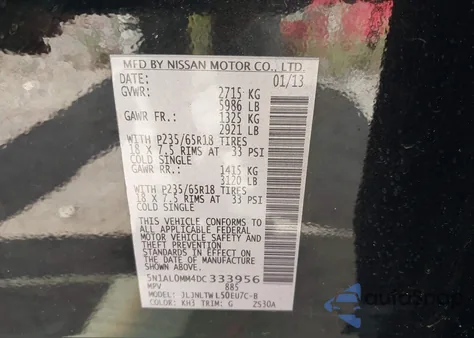 2013 Infiniti Jx35 z USA, uszkodzony, nr VIN 5N1AL0MM4DC333956